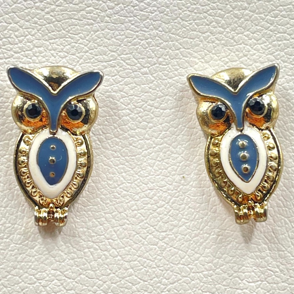 Vintage Y2K Gold Tone Blue White Enamel Wise Owl Stud Earrings Whimsical Classic